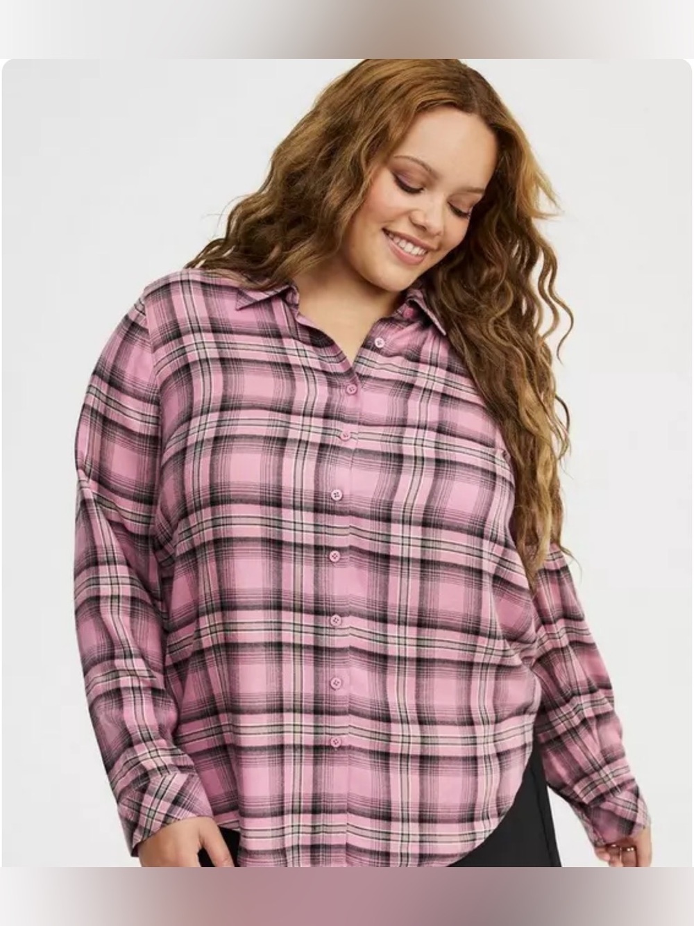 Torrid Lizzie Button-Up Plaid Pink and Black Shirt